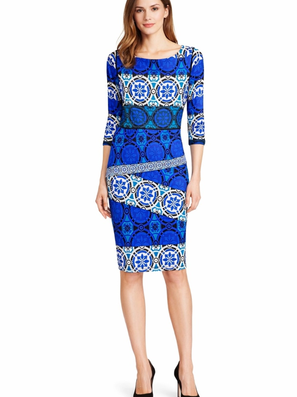 D15 Joseph Ribkoff Blue Geometric Print Dress Sz 4 | 3/4 Sleeve Stretch